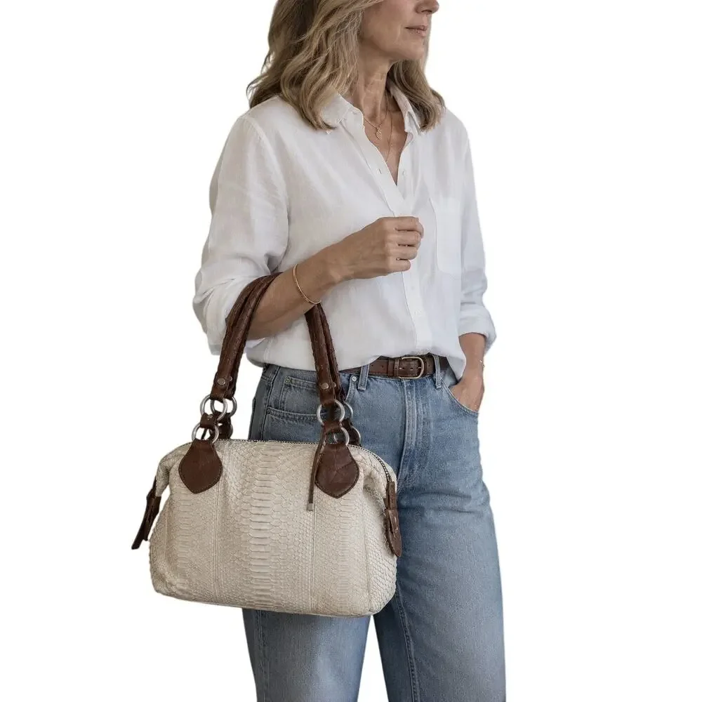 VTG Pauric Sweeney Italy Genuine Python Leather Ivory Satchel Purse Bag